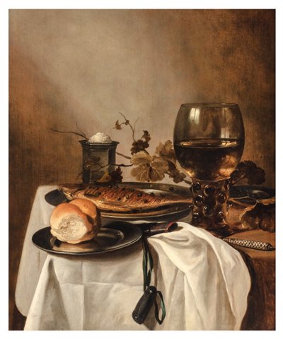 Un rouleau, hareng, salière en argent, grand Roemer et couteau sur une table drapée, c.1644 - Pieter Claesz