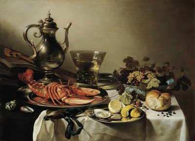 Table avec homard, pichet en argent, grand Berkemeyer, coupe de fruits, violon et livres - Pieter Claesz