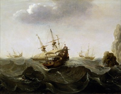 Un bateau pris dans une mer agitée, avec des bateaux fuyant la tempête au loin et, à droite, des rochers émergent de l