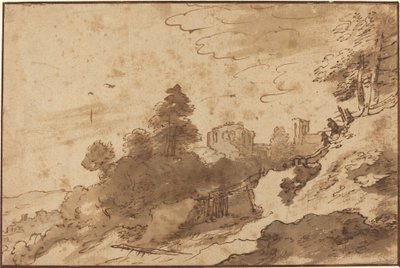 Paysage avec pont et ruines en arrière-plan - Pieter Dircksz Santvoort