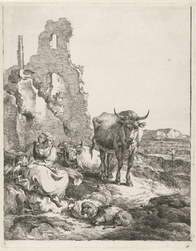Paysage avec une vache debout et une vache couchée et une bergère devant une ruine - Pieter Gerardus van Os