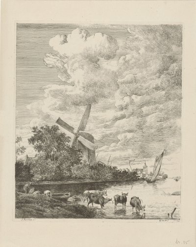 Vue de rivière avec moulin et vaches dans l