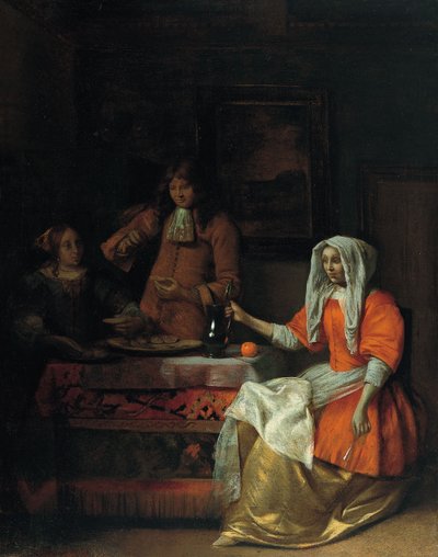Intérieur avec deux femmes et un homme buvant et mangeant des huîtres - Pieter Hooch de