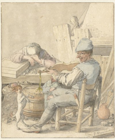 Intérieur avec homme jouant du violon, femme endormie et chien dansant - Pieter Moninckx