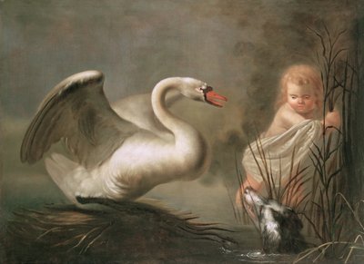 Un cygne gardant son nid contre un enfant et un épagneul - Pieter Snyers