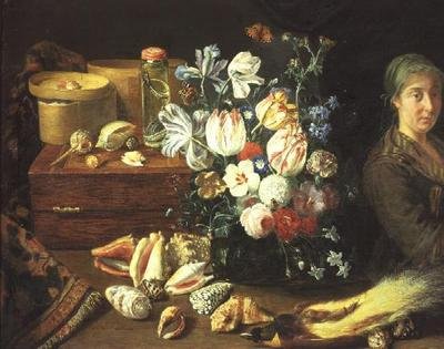Nature morte, fleurs, coquillages, serpents, oiseau et une femme debout - Pieter Snyers