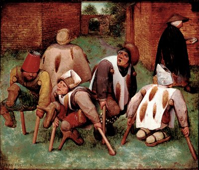 Les estropiés Groupe de personnages handicapés, cul-de-jatte. Peinture de Pieter Bruegel l