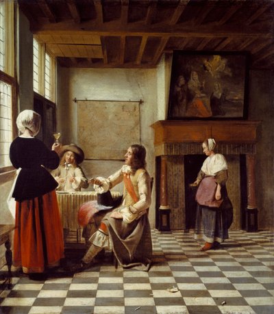 Un intérieur, avec une femme buvant avec deux hommes, et une servante - Pieter de Hooch
