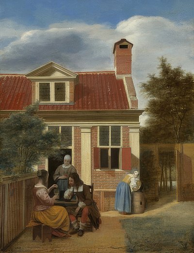 Société dans la cour derrière une maison - Pieter de Hooch