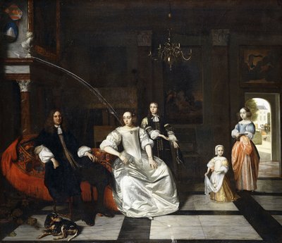 Portrait de groupe de la famille Jacott-Hoppesack avec un chien dans un somptueux intérieur classique, une dame et un gentleman se promenant dans un parc au-delà d