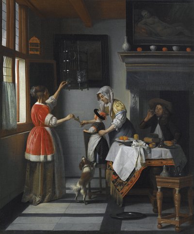 Intérieur avec un enfant nourrissant un perroquet - Pieter de Hooch