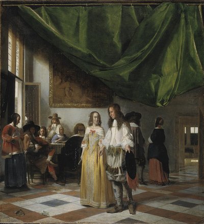Intérieur avec un jeune couple et des gens faisant de la musique - Pieter de Hooch