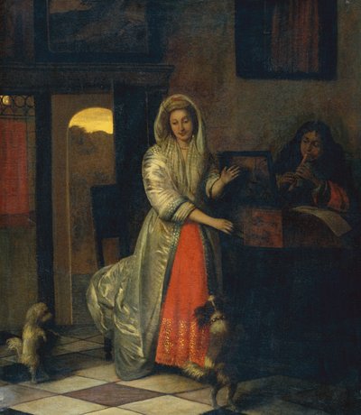 Dame et un gentilhomme faisant de la musique avec des chiens dansants - Pieter de Hooch