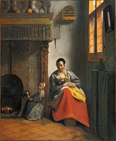 Femme allaitant un nourrisson, avec un enfant et un chien - Pieter de Hooch