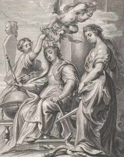 Allégorie du bon gouvernement, assis au centre et couronné par un putto et une femme - Pieter de Jode II