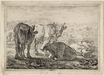 Allemand : Drei Rinder und ein schlafender Hirte
Français : Les boeufs
Trois bovins et un berger endormi - Pieter van Laer