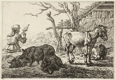 Porcs et ânes dans une étable, à gauche une fileuse - Pieter van Laer