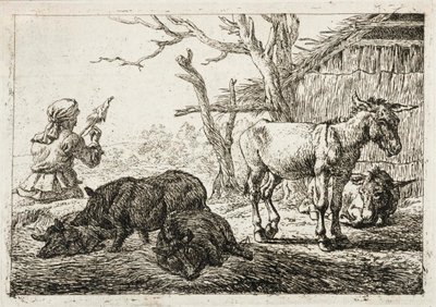 Porcs et ânes dans une étable, à gauche une fileuse - Pieter van Laer