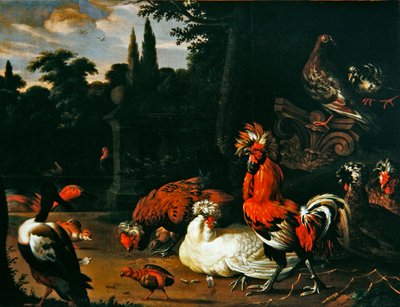 Un coq, des poules, des poussins et des canards dans un jardin - Pieter van Mase