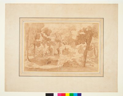 Paysage avec un bâtiment en ruine vu parmi les arbres - Pietro Testa