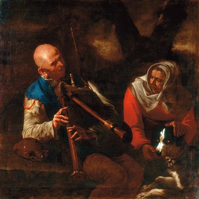 Un paysan jouant de la cornemuse et une vieille femme écoutant avec un chien - Pietro (circle of) Paolini