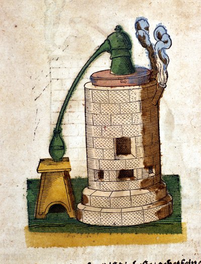 Alchimie : Appareil de distillation. Gravure d