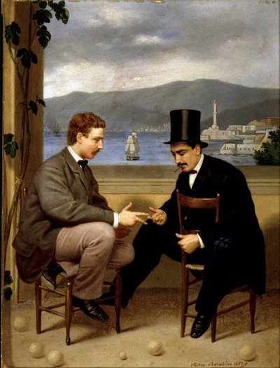 Deux joueurs de morra, un homme en costume avec un chapeau haut de forme et un cigare assis à califourchon sur la chaise - Pietro Barabino