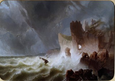 Lido solitaire Paysage marin, avec navire pris dans la tempête, et échoué sur les falaises - Pietro Giuria