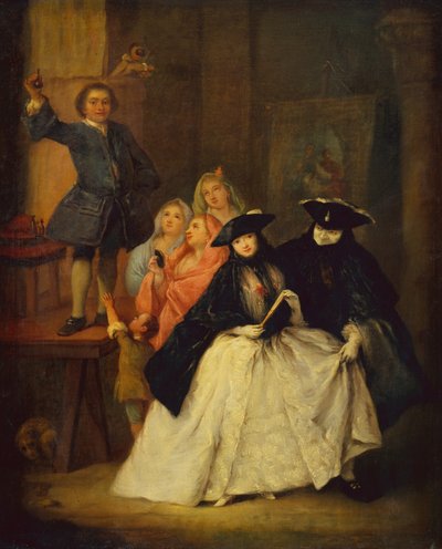 Un charlatan sur une plateforme avec des figures masquées au premier plan - Pietro Longhi