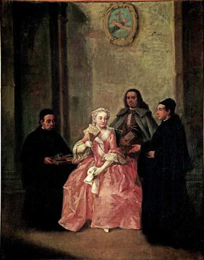 Un frère offre à un couple du chocolat chaud avec des biscuits vénitiens - Pietro Longhi