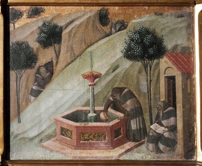 Détail du retable du Carmel : un ermite avec la fontaine d