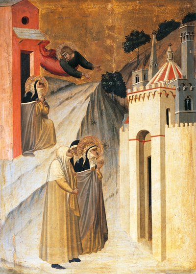 Saint Jean ordonne au bienheureux de construire un couvent à Florence, carreau sur retable de la Bienheureuse Humilité - Pietro Lorenzetti