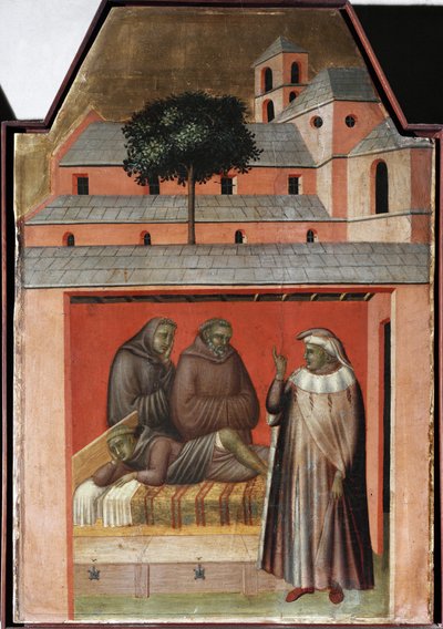 Le saint apporte des briques pour construire un nouveau couvent à Florence (détail) - Pietro Lorenzetti