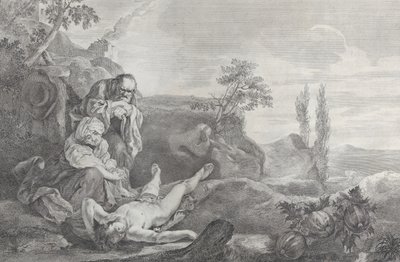 Adam et Ève à gauche, en couple âgé, pleurant sur le corps d