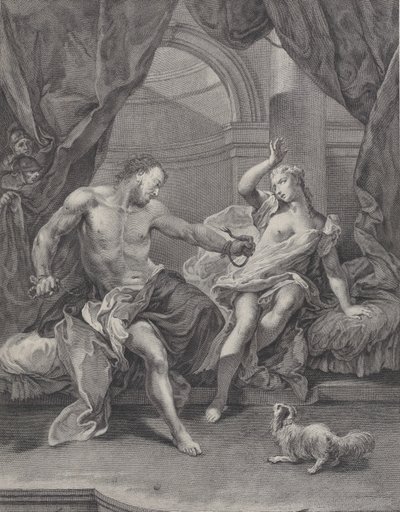 Samson et Dalila assis sur un lit, Samson déchirant les cordes liant sa main..., vers 1730-39 - Pietro Monaco