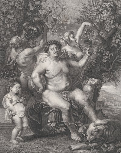 Bacchus assis sur un tonneau devant des vignes, avec des bacchantes, des satyres et des enfants - Pietro Peiroleri