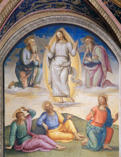 La transfiguration : Christ vêtu de blanc entouré de Moïse et Élie, en bas les apôtres Jean, Pierre et Jacques - Pietro Perugino