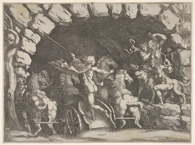 Pluton, vu de dos, entrant dans les Enfers sur son char, Cerbère et trois Furies..., vers 1680 - Pietro Santi Bartoli