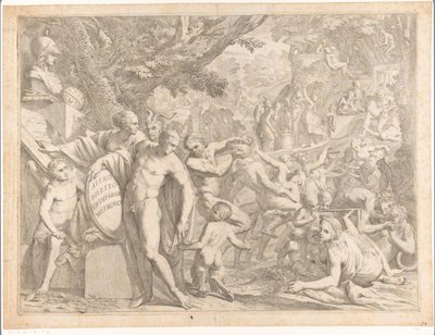 Jeune homme avec buste de Minerve et satyres dansants - Pietro Testa