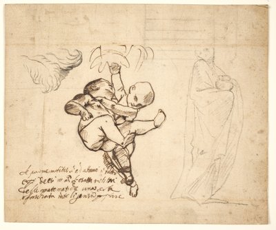 Étude pour deux putti jouant, des feuilles et une figure drapée avec une urne - Pietro Testa