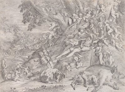 Vénus et Adonis, entourés de nombreux putti, allongés après la chasse, avec un sanglier mort, 1631-37 - Pietro Testa
