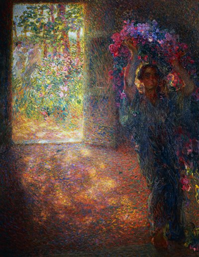 Maison des fleurs, vers 1910, par Plinio Nomellini (1866-1943), huile sur toile, 200x160 cm, Italie, 20e siècle - Plinio Nomellini
