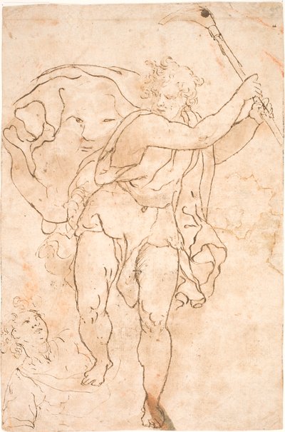 Homme brandissant une pioche. Avec une cape flottante, sur laquelle des traits de visage sommaires. À ses pieds, le torse d