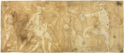Persée avec la tête de Méduse, transformant Phinée et ses partisans en pierre - Polidoro da Caravaggio