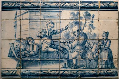 Le médecin faisant un lavement à un patient - Panneau satirique de Lisbonne, première moitié du XVIIIe siècle - Musée national des azulejos, Lisbonne (Portugal) - Portuguese School