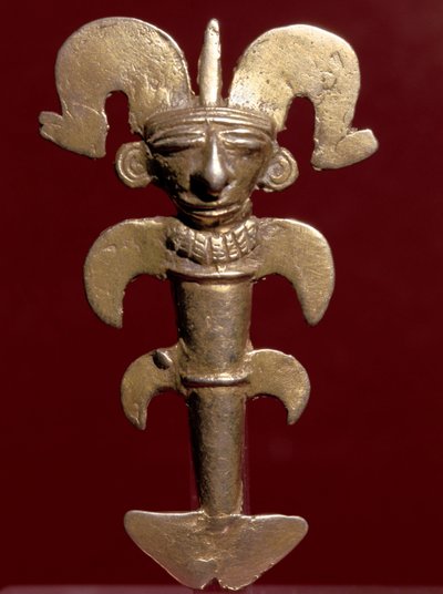 Art précolombien, civilisation quimbaya (Colombie) : pendentif anthropomorphe en or. 400-1400 apr. J.-C. Bogota, Musée de l