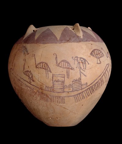 Pot en argile cuite avec décoration peinte, y compris des bateaux et des animaux, vers 3400-3300 avant J.-C. - Predynastic Period Egyptian