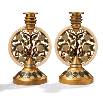 Paire de chandeliers en bronze doré, émail et ivoire, vers 1907 - Princess Maria Tenisheva