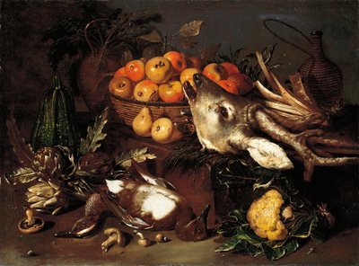 Champignons, artichauts, panier de pommes et chou avec gibier mort sur une corniche - Pseudo Salini