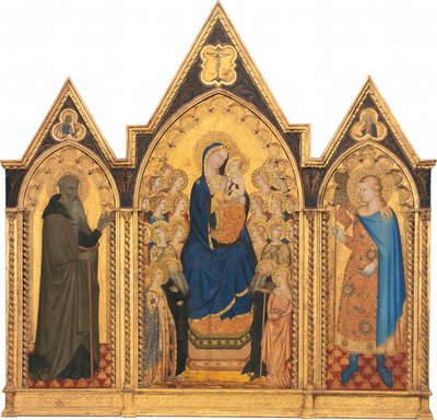 Madone et Enfant en Trône avec Saints et Anges, et Saints Antoine Abbé et Venant [triptyque entier] - Puccio di Simone and Allegretto Nuzi